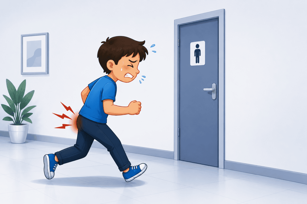 رسم توضيحي لشخص يعاني من ألم الشرخ الشرجي أثناء التوجه إلى دورة المياه.