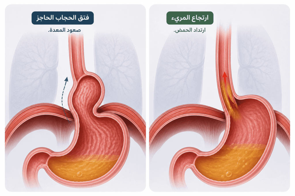 رسم توضيحي يقارن بين فتق الحجاب الحاجز وارتجاع المريء.