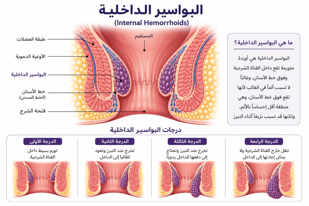 رسم تشريحي يوضح البواسير الداخلية ودرجاتها داخل القناة الشرجية.