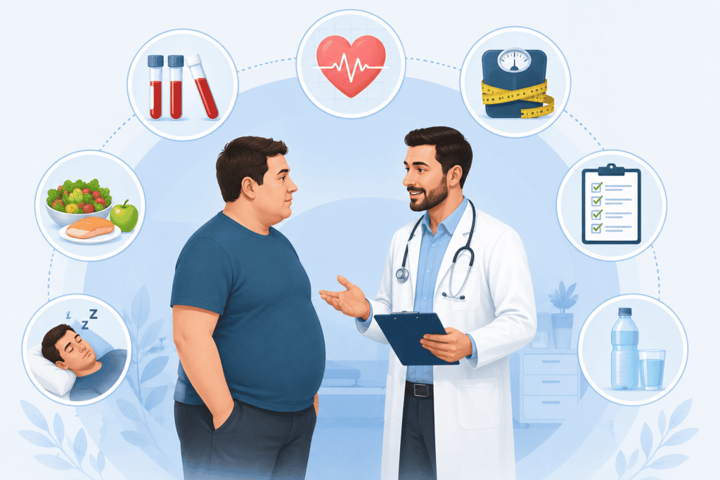 رسم توضيحي يوضح خطوات الاستعداد قبل عملية تكميم المعدة، مثل الفحوصات الطبية والنظام الغذائي.