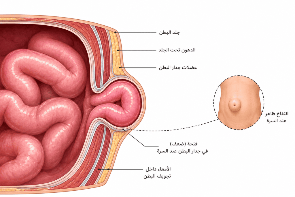 رسم توضيحي يوضح الفتق السري واندفاع جزء من الأمعاء عبر نقطة ضعف في جدار البطن عند السرة.