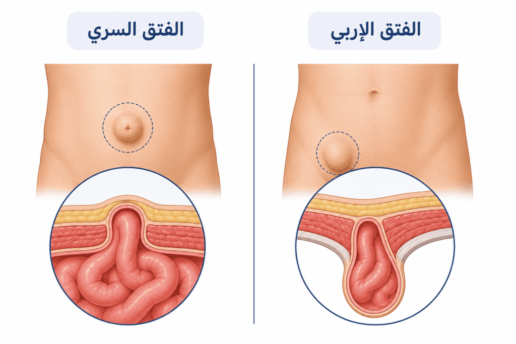رسم توضيحي يقارن بين الفتق السري والفتق الإربي من حيث مكان حدوث كل منهما.