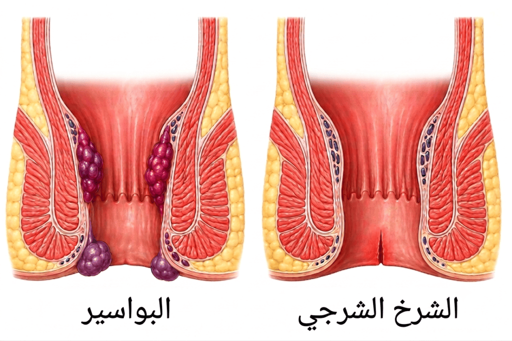 رسم طبي يوضح الفرق بين البواسير والشرخ الشرجي من خلال مقارنة تشريحية لموضع كل حالة في القناة الشرجية.