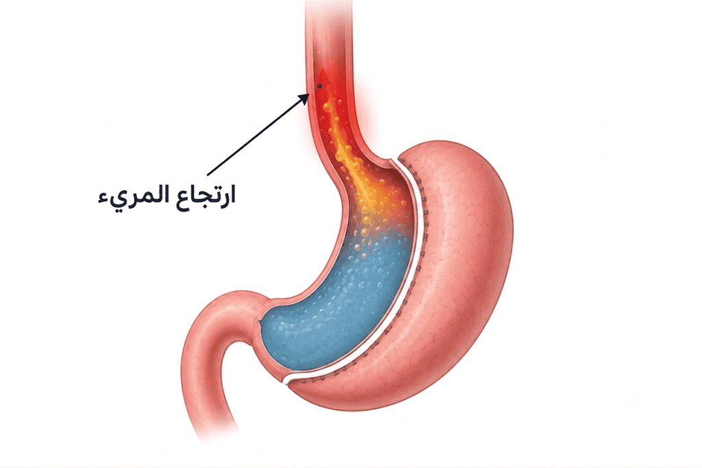 صورة توضح ارتجاع حمض المعدة إلى المريء بعد التكميم.